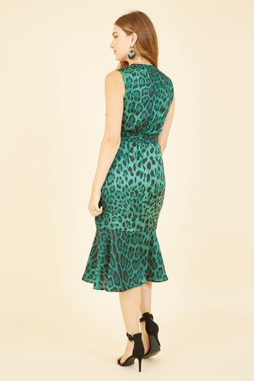 Green Animal Print Satin Wrap Midi Dress Mela London